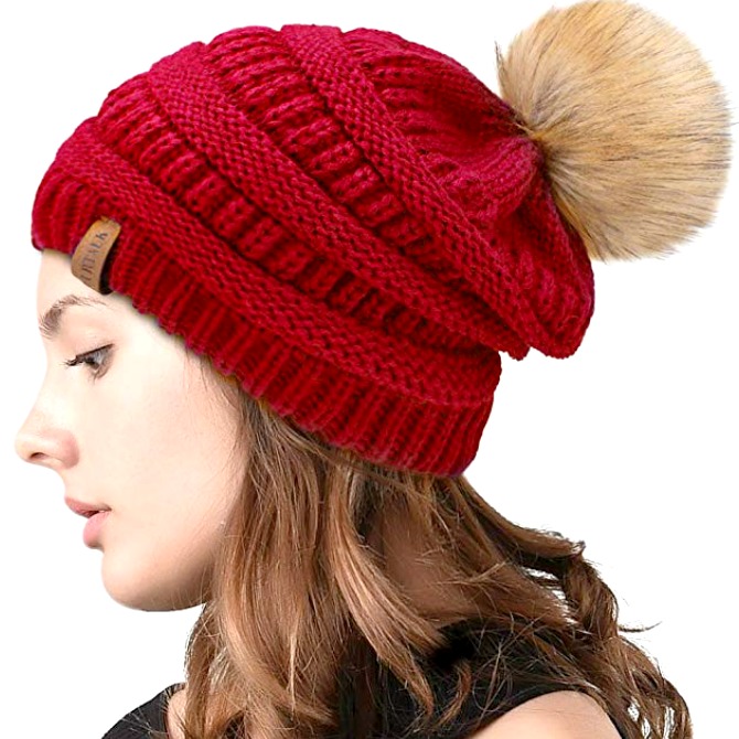 womens red bobble hat